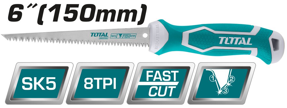 Pjūklas TOTAL, gipso, kartono plokštėms, trigubo galandinimo, SK5 plienas, 8TPI, 150 mm, THWBSW66