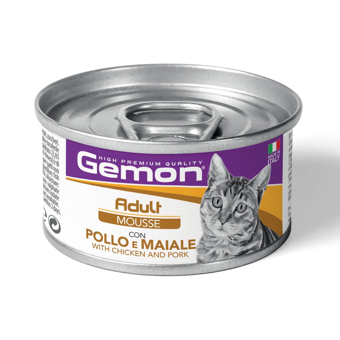 Konservuotas kačių ėdalas GEMON, suaugusioms katėms su vištiena ir kiauliena. 85 g
