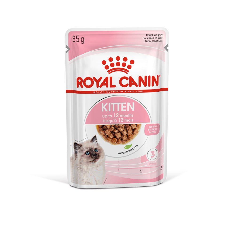 Konservuotas kačių ėdalas ROYAL CANIN, kačiukams (4-12 mėnesių amžiaus), ploni griežinėliai drebučiuose, 12 vnt. x 85 g
