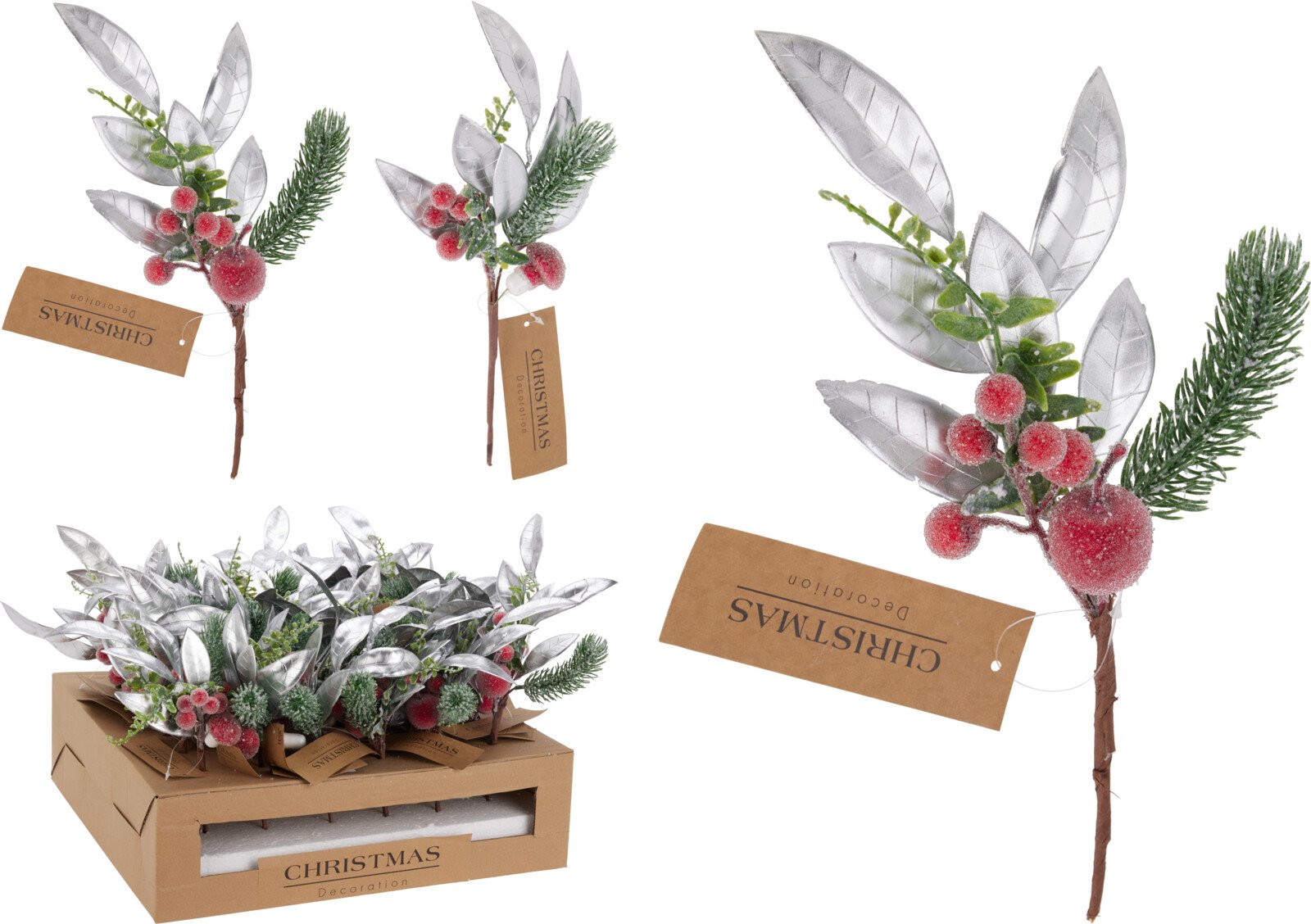 Kalėdinė dekoracija Šakelė su obuoliu arba grybais, sidabrinės sp., 32 x 15 x 4 cm