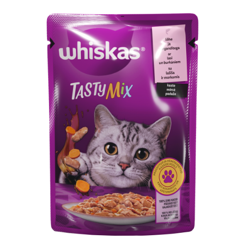 Konservuotas kačių ėdalas WHISKAS Tasty Mix, su lašiša ir morkomis, suaugusioms katėms, 85 g