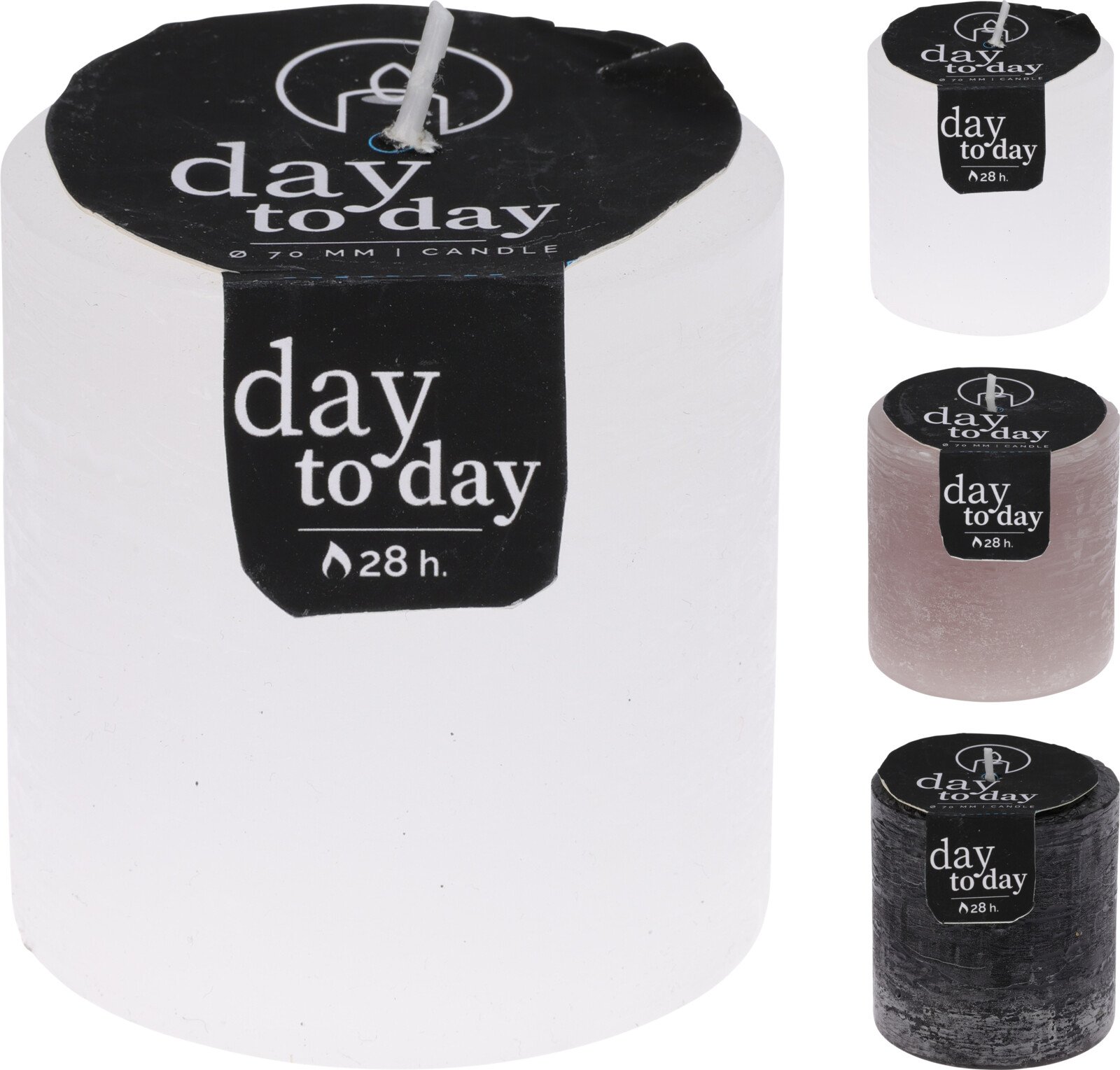 Žvakė, cilindro formos, 6,7 x 6,7 x 7 cm, baltos, pilkos arba juodos sp.