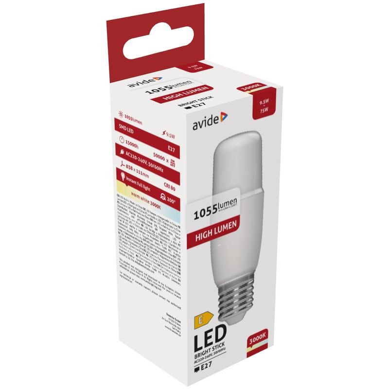 LED lemputė AVIDE, 9.5W (=75W), E27 T37 STICK, WW, 3000K, 220-240V, 1055 lm, 200°, 15.000 val