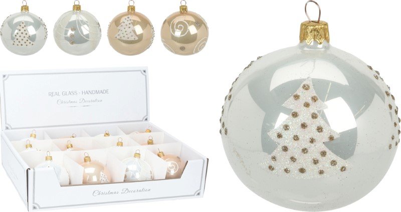 Stiklinis kalėdinės eglės žaisliukas, parlamutrinis, 2 skirtingi dizainai, 2 skirtingos sp., 8 cm