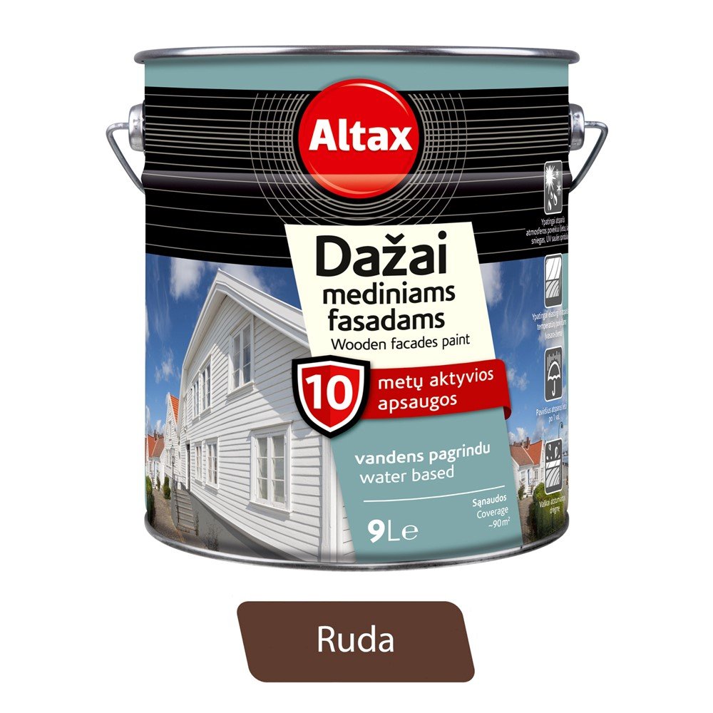 Vandeniniai dažai ALTAX, mediniams fasadams, rudi, 9 l