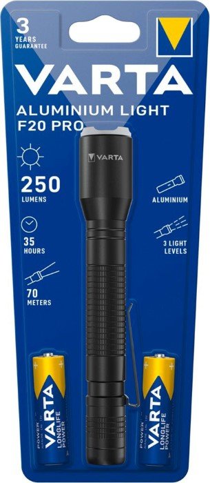 LED žibintuvėlis VARTA Aluminium Light F20 Pro, 250 lm, 70 m, 35 val., aliuminis korpusas, komplektacijoje 2 x AA Alkaline elementai, 16607