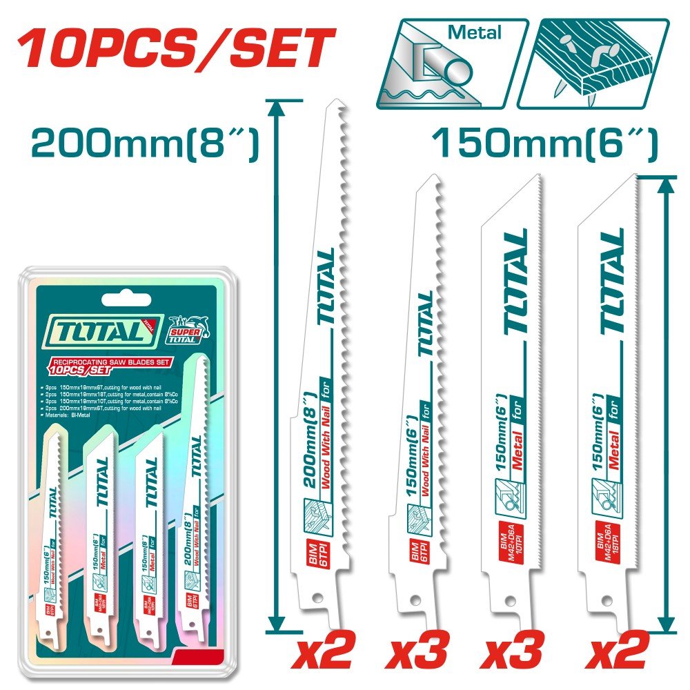 Tiesinio pjūklo pjūkleliai TOTAL, metalui, medienai, 10 vnt., TRSB1001