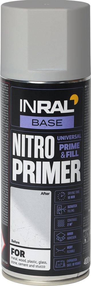Aerozolinis, antikorozinis gruntas INRAL NITRO PRIMER, 400 ml, pilka, matinė