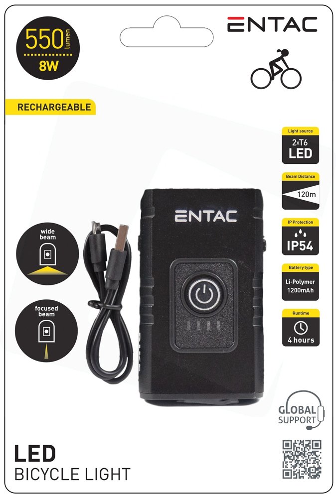 LED žibintuvėlis ENTAC En-8283, 8W, 550 lm, IP54, atstumas 120 m, dviračiui, pakraunamas nuo USB, 1250 mAh (įmontuotas), kompl. yra krovimo laidas