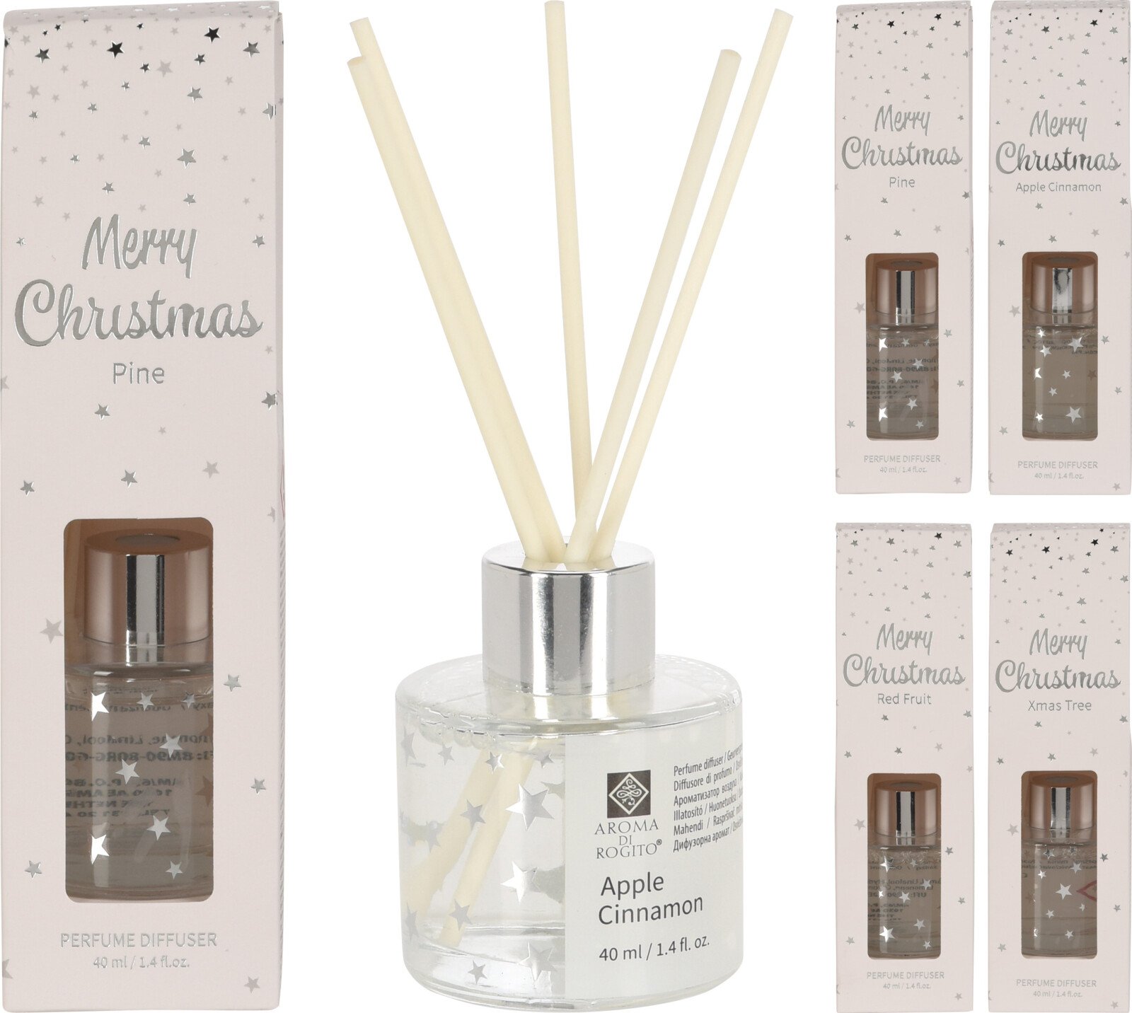 Namų kvapas, 4 skirtingi kvapai: pušis/raudonieji vaisiai/kalėdų eglė/obuolys-cinamonas, 40 ml