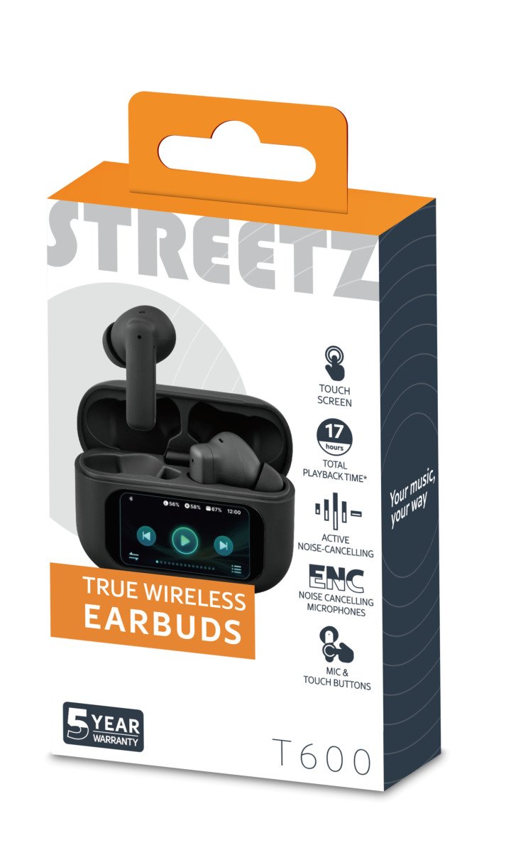 Įkraunamos belaidės ausinės STREETZ T600 TWS, su LCD ekranu, ANC ir ENC, juodos sp.