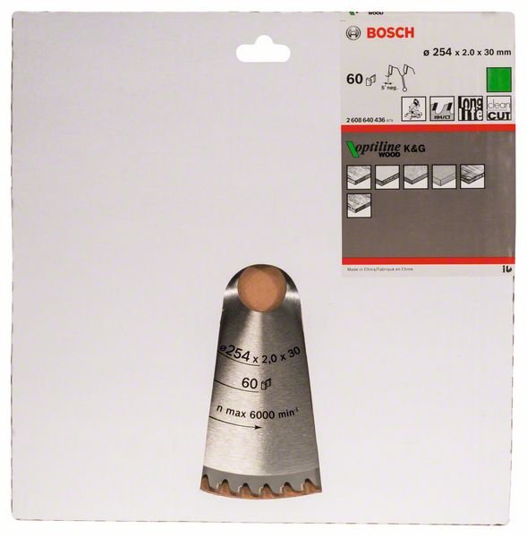 Medienos pjovimo diskas BOSCH Optiline Wood, 254 x 30 x 2,0 mm, 60