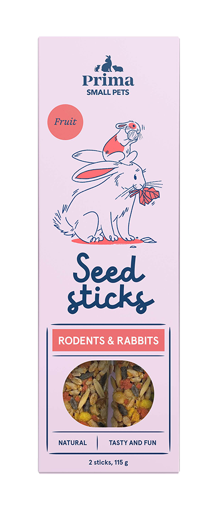 Maistas graužikams ir triušiams PRIMASMALL PETS, sėklų lazdelės su vaisiais, 2vnt, 115g