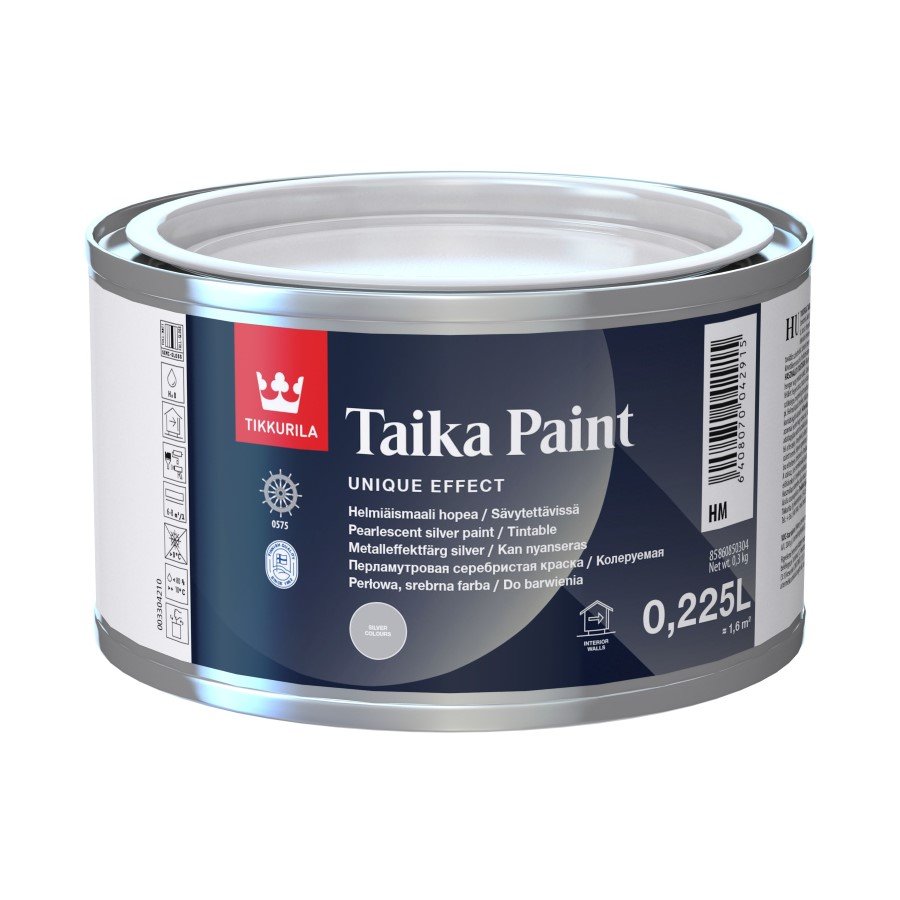Dekoratyviniai dažai TIKKURILA Taika Paint, 0,225 l, HM bazė, sidabro atspalvio, pusiau blizgūs