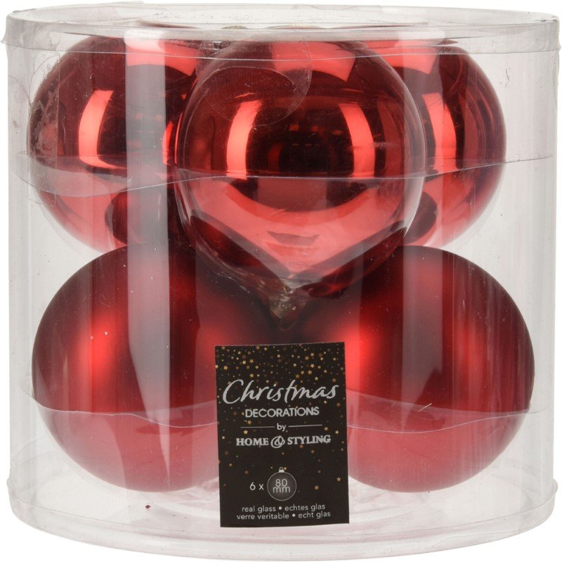 Eglutės žaisliukai, burbulo formos, stikliniai, raudonos sp.,  6 vnt.: 3 matiniai, 3 blizgūs, 8 cm
