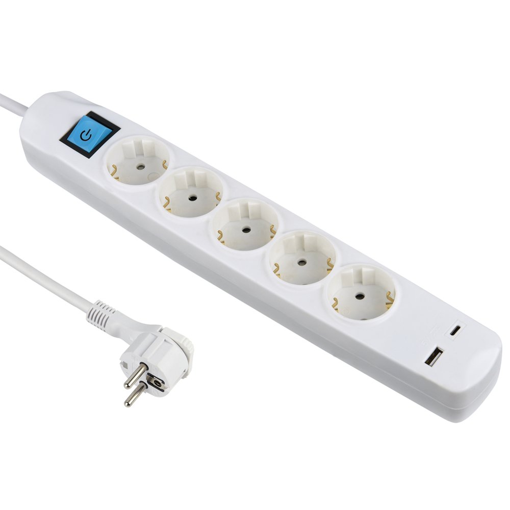 Ilgiklis ELECTRALINE, 5 lizd. + 1xUSB-A + 1xUSB-C, 1,5 m, su įž., su jungikliu, 3 x 1,0, max 17 W, baltos sp., 62165