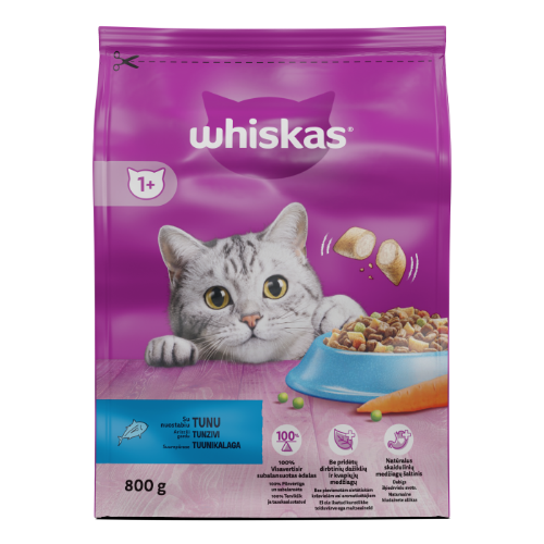 Sausas kačių ėdalas WHISKAS, visavertis pašaras su tunu, 800 g