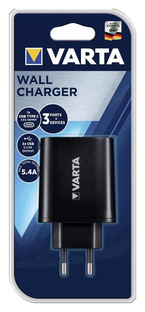 USB įkroviklis VARTA, 2xUSB 2,4A +1xType C 3.0A, max. 5.4A, 57958101401