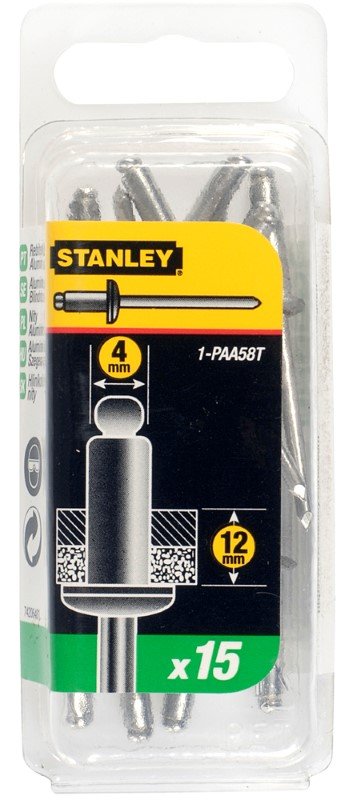 Aliuminės kniedės STANLEY, 4 x 12 mm, 15 vnt