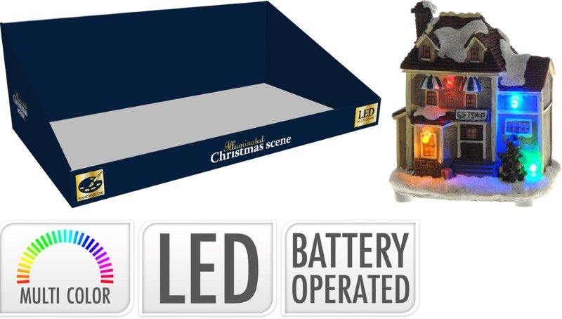 Šviečianti kalėdų dekoracija su LED, namelio formos, 4-ių spalvų šviesa, 10 x 8 x 5,5 cm