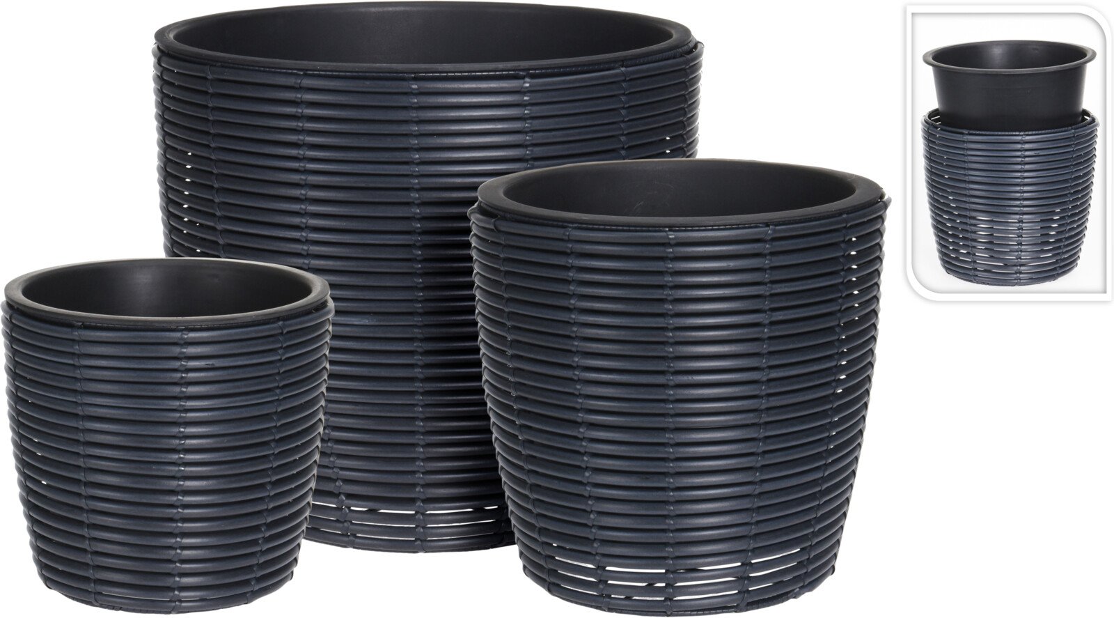 Lauko vazonas, pintas, juodos sp., 40 x 40 x 36 cm.