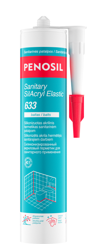 Akrilinis hermetikas PENOSIL Sanitary Silacryl Elastic 633, su fungicidais, skirtas sanitarinėms patalpoms, baltas, 300 ml