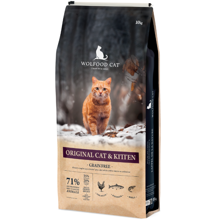 Sausas ėdalas katėms WOLFOOD, be grūdų, besilaukiančioms ir žindančioms katėms, aktyvioms įvairaus amžiaus katėms, su vištiena ir žuvimi, 10 kg