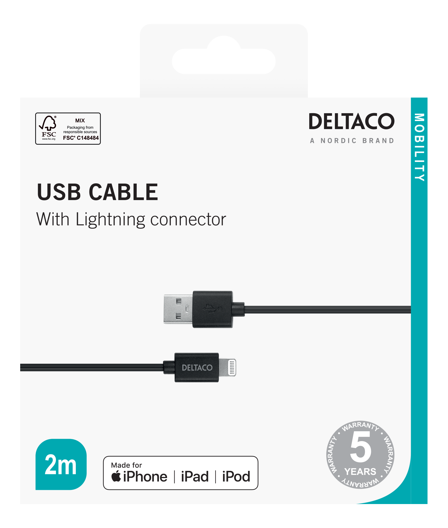 USB - iPhone laidas DELTACO Iplh-412, 2m, MFI, FSC ženklinta pakuotė, juodos sp.