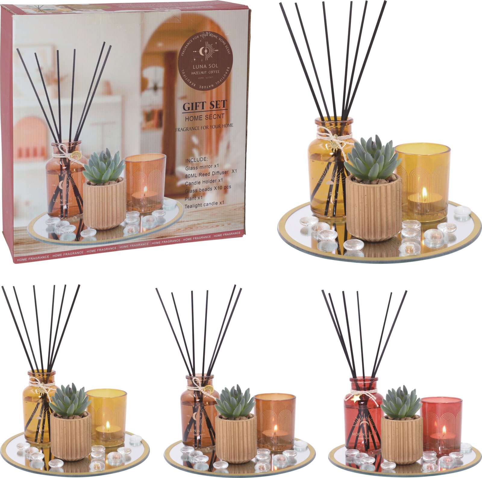 Dovanų rinkinys, n. kvapas 80 ml, žvakidė, keraminis indelis su dirbt. augalu, padėklas, 10 vnt. stiklo rutulių, įv. spalvų ir kvapų