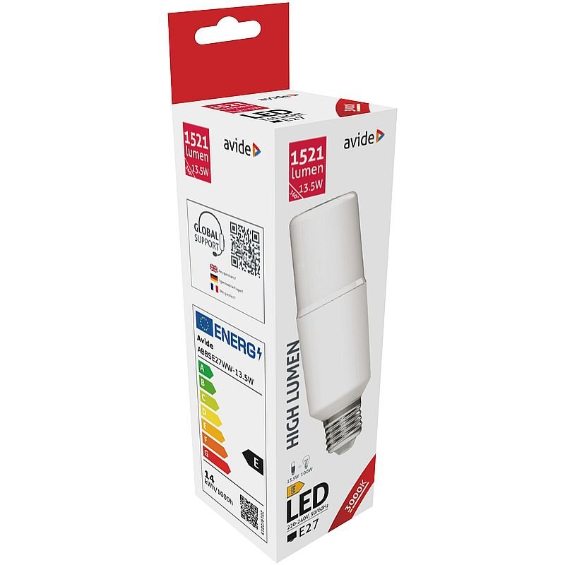 LED lemputė AVIDE, 13.5W (=100W), E27 T45 STICK, WW, 3000K, 220-240V, 1521 lm, 200°, 15.000 val