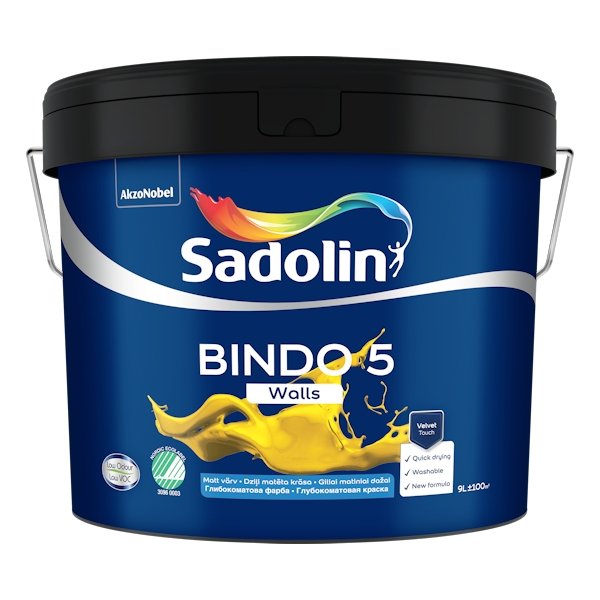 Vandeniniai vidaus dažai SADOLIN Bindo 5, 9 l, BW bazė, balti, visiškai matiniai