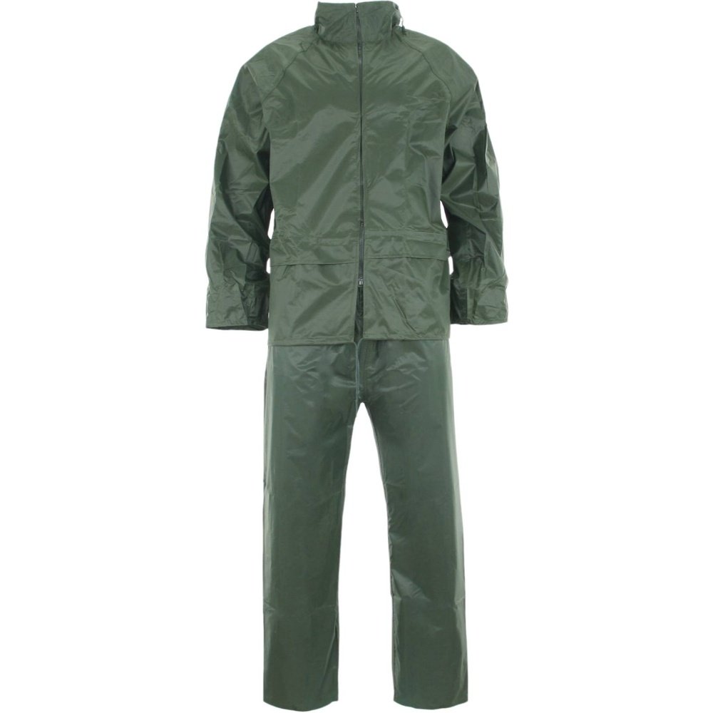 Drabužių komplektas nuo lietaus, DDA00905RNXXL, (striukė, kelnės), su paslėptu gobtuvu, žalia spalva, XXL dydis, CE