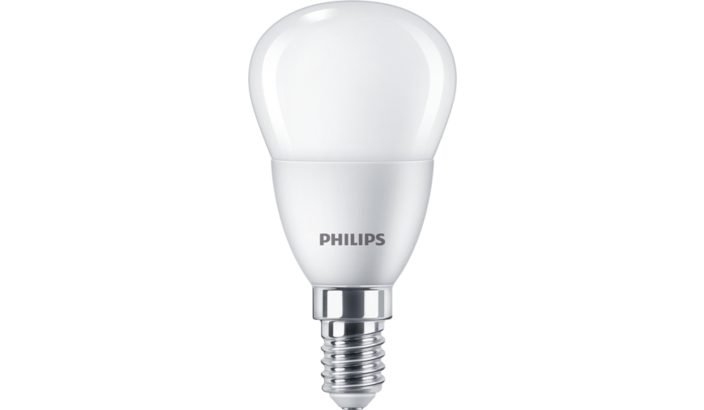 LED lempa PHILIPS, 5W (=40W), E14 P45 burbuliukas, 220-240V, 2700K, 470 lm, matinė