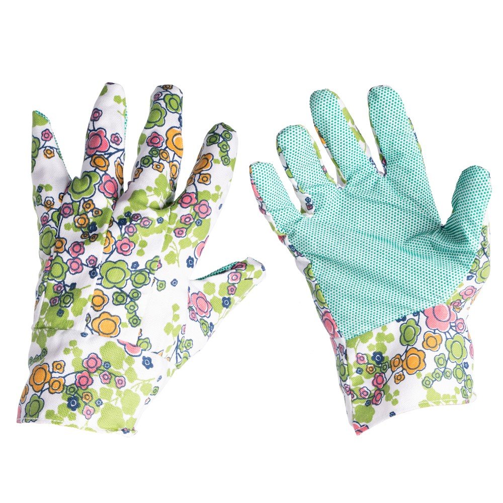 Polikotoninės pirštinės HERVIN PROTECTION 748-PVC, su PVC taškeliais iš vienos pusės, baltos sp. su gėlių raštais, L/9 dydis