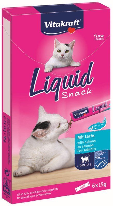 Skanėstas katėms VITAKRAFT Liquid Snack, 6vnt x 15g, kačių pašaro papildas - skanėstai su lašiša ir Omega 3