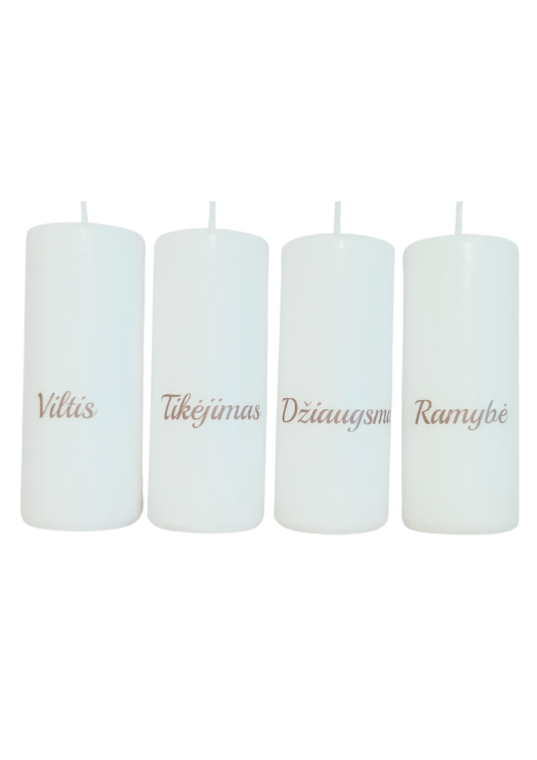 Šventinis žvakių rinkinys su užrašais, 4,8 x 12 cm, 4 vnt., balta sp.