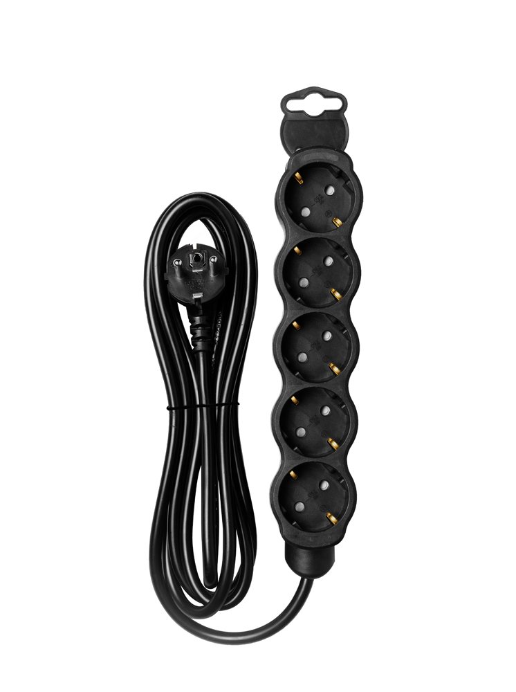 Ilgiklis ORRO 53135, 5 vietų, 3x1,5, su įžeminimu, be jungiklio, spl. juoda, 5 m