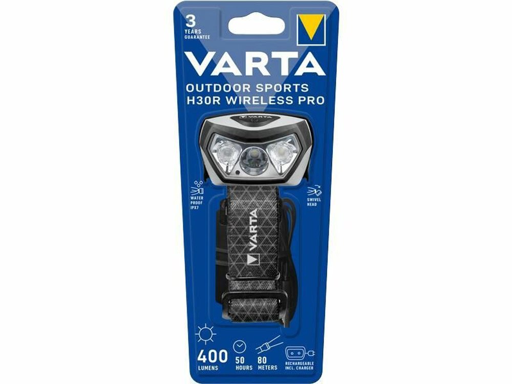 LED žibintuvėlis VARTA Outdoor Sports F30 Pro, 400 lm, 3 W, įkraunamas, 80 m, IP67, raudona šviesa, kompl. įkraunamas elementas ir įkrovimo laidas, ant galvos, 18650