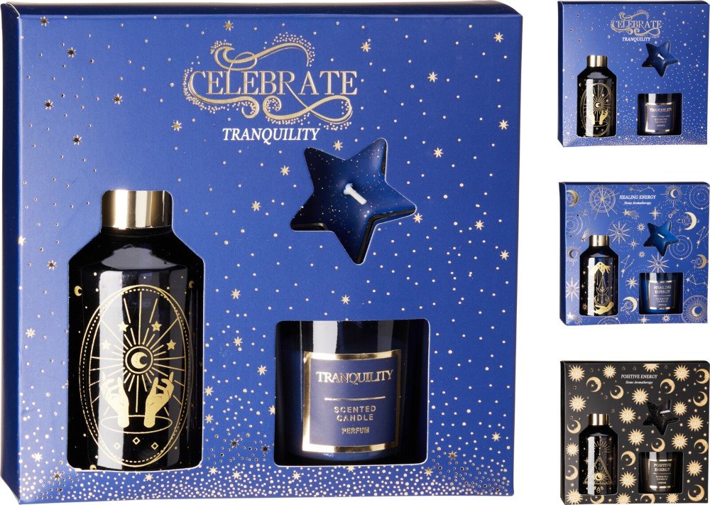 Kalėdinis dovanų rinkinys, namų kvapas 100 ml ir 2 žvakės, 4 skirtingi kvapai