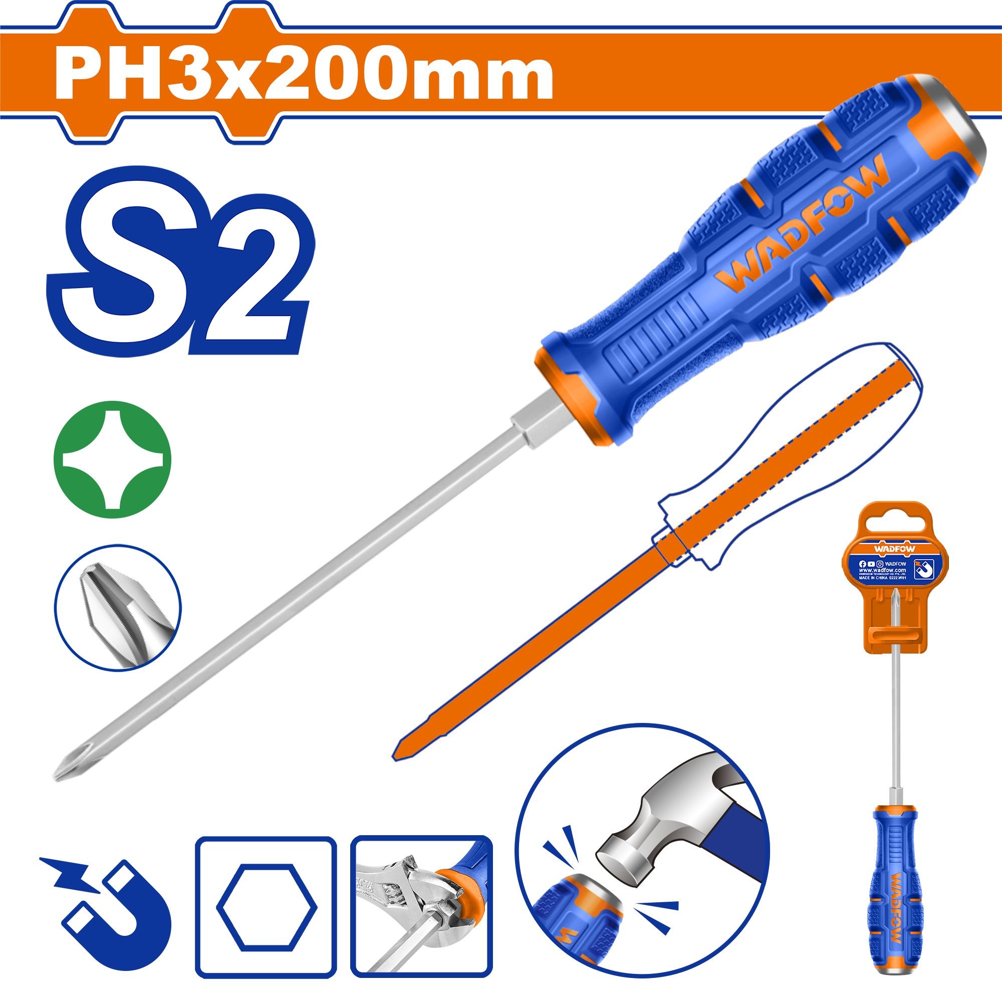Kryžminis atsuktuvas WADFOW, magnetinis, S2, PH3, 5x200 mm, WQJ2238