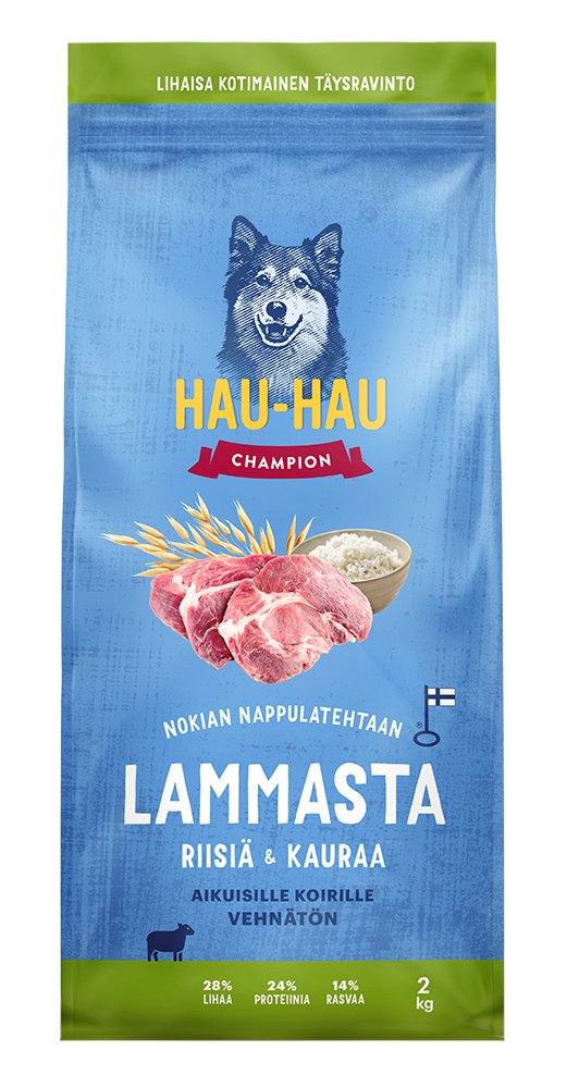 Sausas šunų ėdalas HAU-HAU CHAMPION, su ėriena, ryžiais ir avižom, visiems suaugusiems šunims 2kg