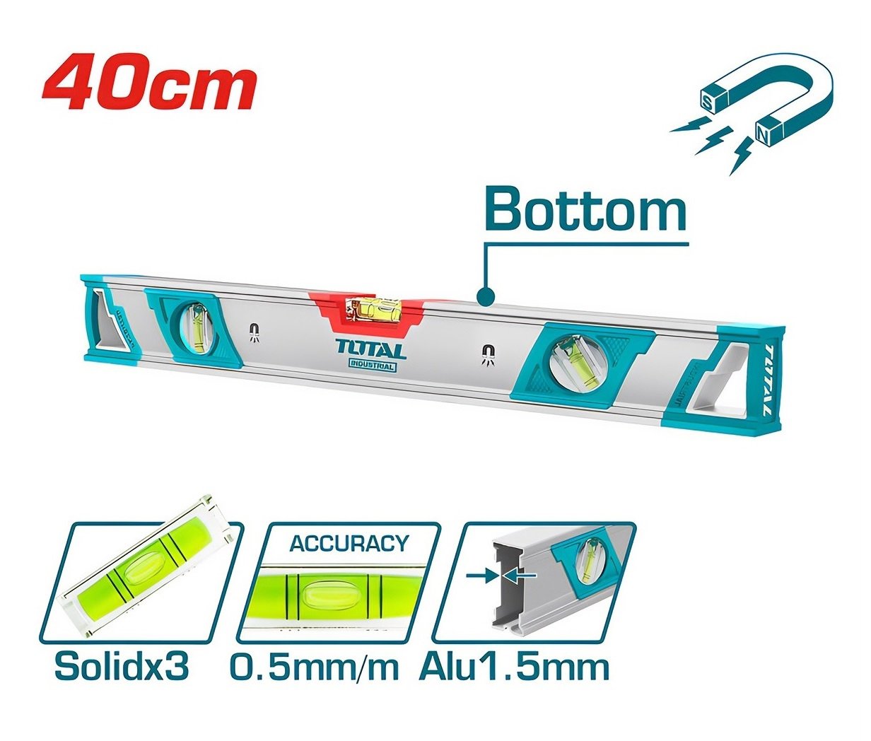 Gulsčiukas TOTAL, magnetinis, 3 akutės, aliumininis korpusas, storis 1,5 mm, 40 cm, TMT24086M