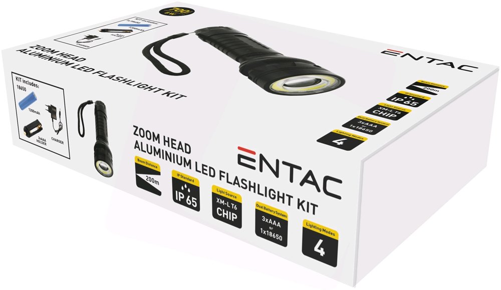 LED žibintuvėlis ENTAC En-4986, 8W, 700 lm, IP65, atstumas 200 m, pakraunamas, 1 x 18650/3xAAA elementas, kompl. kroviklis, aliumininis, 155x40x31,5mm