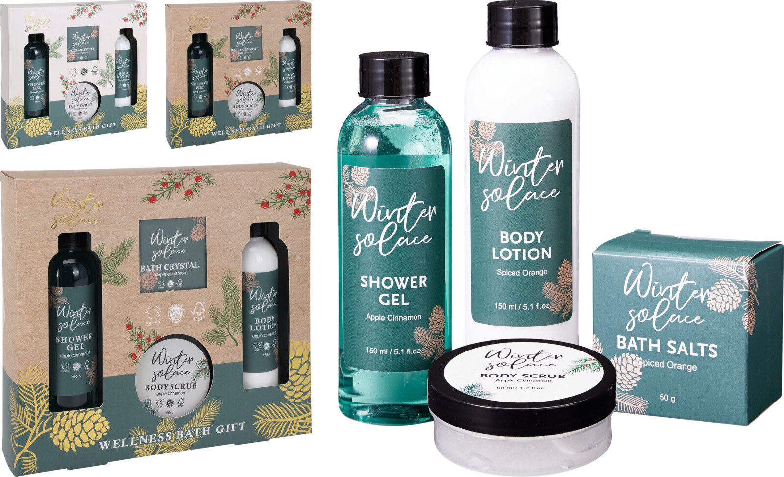 Vonios rinkinys, rinkinyje: dušo žėlė 150 ml, kūno losjonas 150 ml, kūno šveitiklis 50 ml, vonios druska 50 g, 2 skirtingi kvapai 