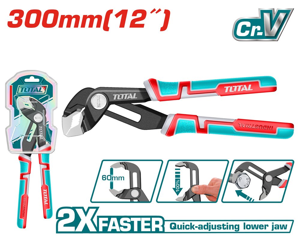 Reguliuojamos replės TOTAL, su fiksavimo mygtuku, Cr-V, 300 mm, THT381206