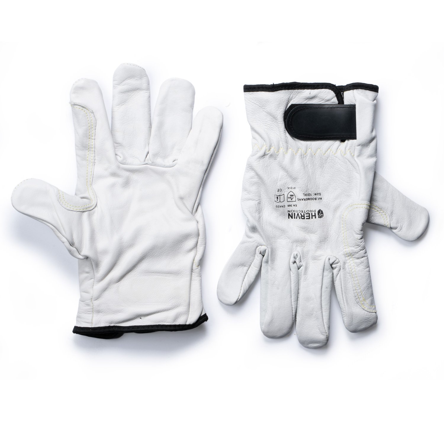 Pirštinės HERVIN, 10(XL) dydis, su kevlaro siūlais, natūralios karvės odos, balta spalva, CE, BOOMERANG