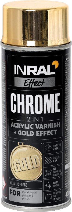 Aerozolinis, akrilinis lakas ratlankiams INRAL Chrome, 400 ml, auksinis