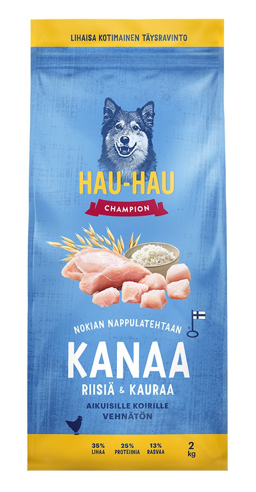 Sausas šunų ėdalas HAU-HAU CHAMPION, su vištiena, ryžiais ir avižom, visiems suaugusiems šunims 2kg