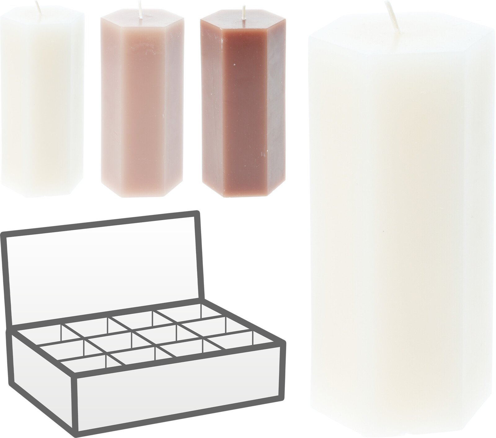 Žvakė, šešiakampio formos, 7 x 7 x 14 cm, 3 skirtingos sp.