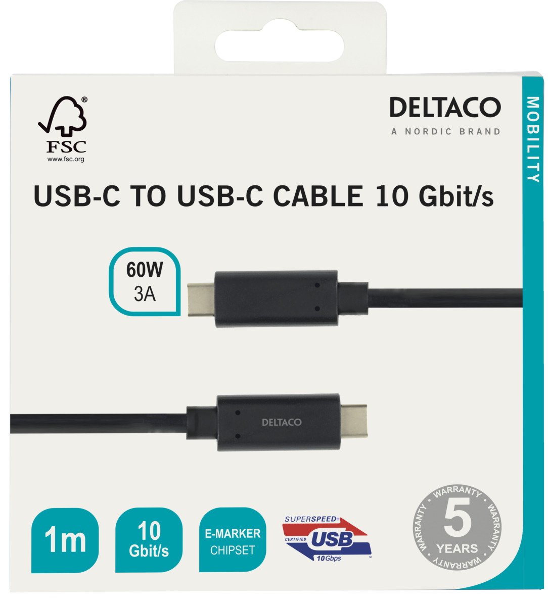 Įkrovimo laidas DELTACO USBC-1122M, 60 W, 3 A, USB Type C, 1 m, 10 Gbit/s, juodos sp.
